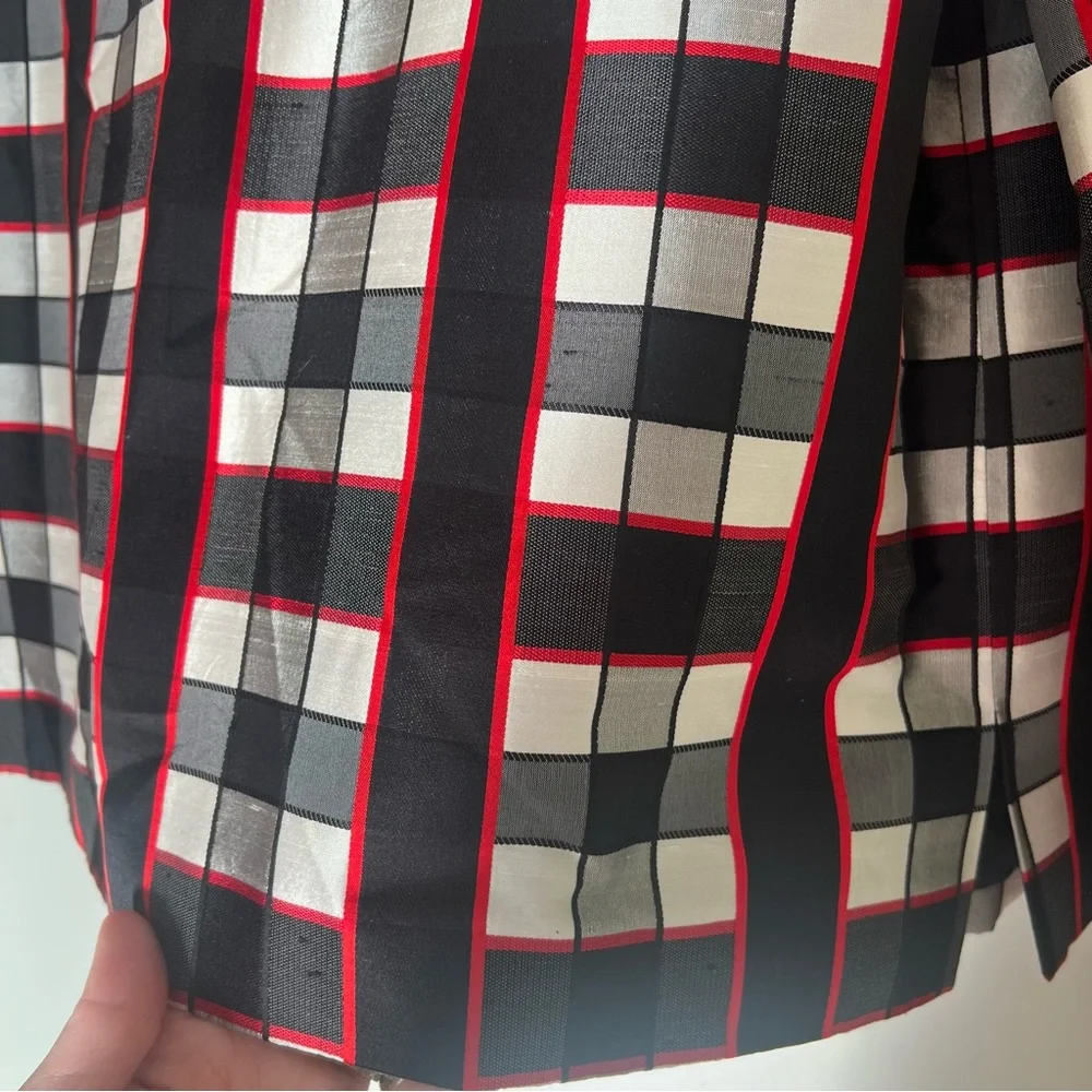 Nina Mclemore Red Black White Checked Silk Blazer Size 10 - Picture 12 of 15
